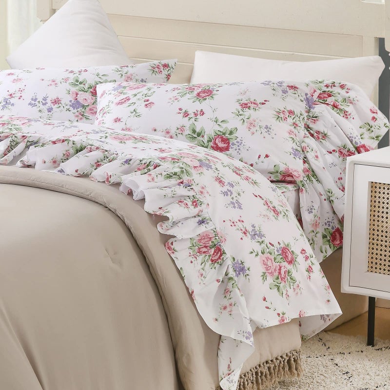 QSH Queen's House Ruffle Floral Bed Sheet Sets 4-Piece Romantic Roses Printed Shabby Vintage Chic Bedding Sheets Girls Deep Pocket Set King Size-Style L - Image 3